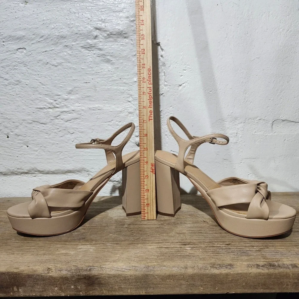 Marc Fisher Tan Knotted Platform Block Heel Sandals Womens 9.5M Nude Ankle Strap